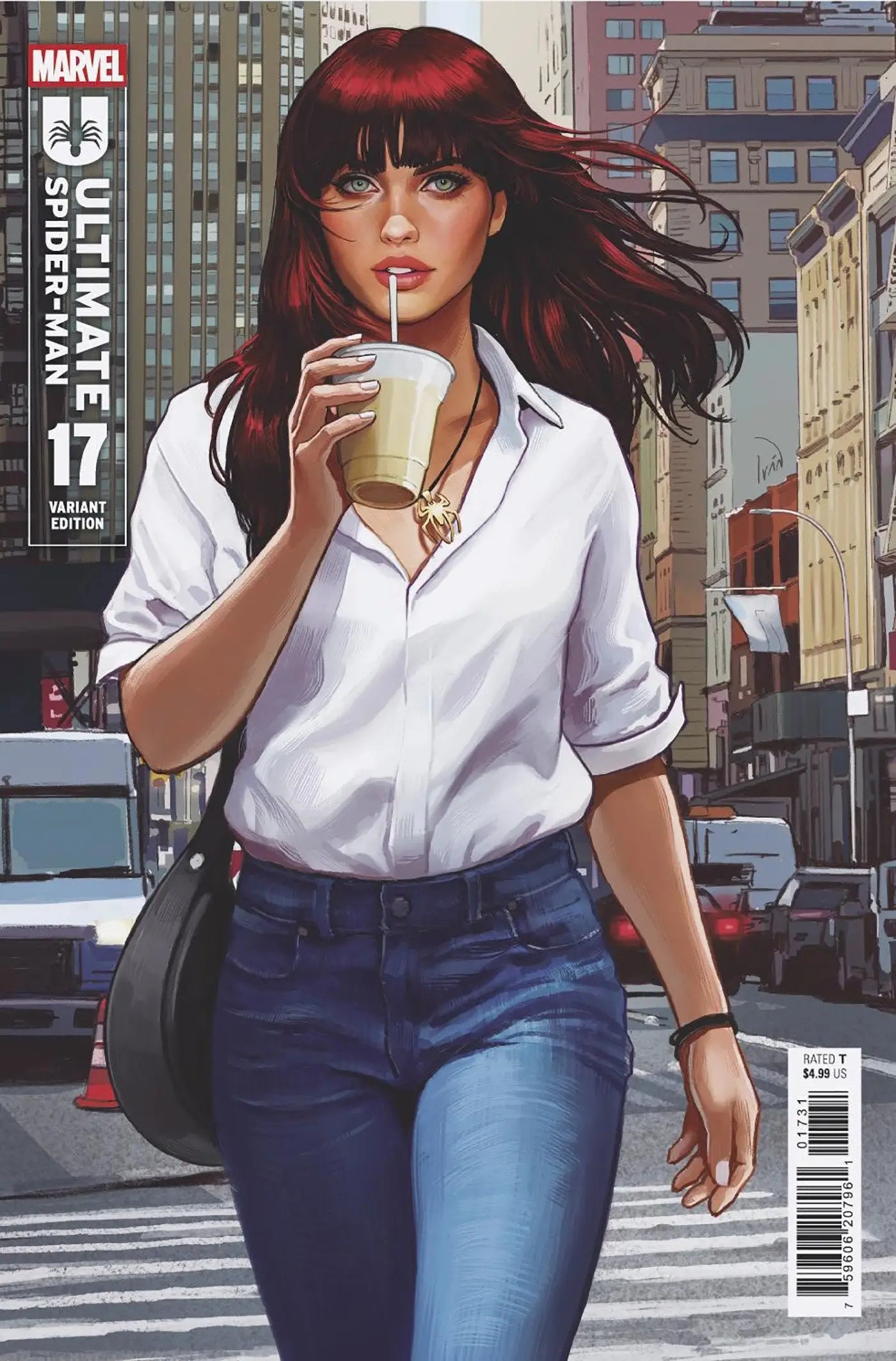 Comic book featuring red-haired woman with drink from Ultimate Spider-Man #17 Ivan Talavera Variant