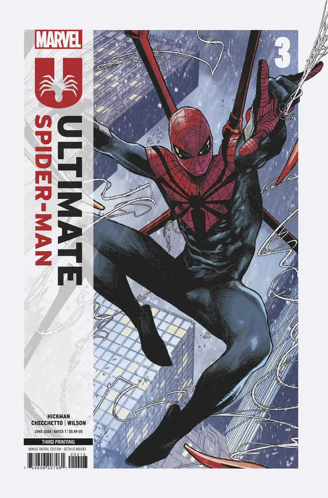 Spider-Man swings through shattered glass in a black and red costume for Ultimate Spider-Man #3 Variant