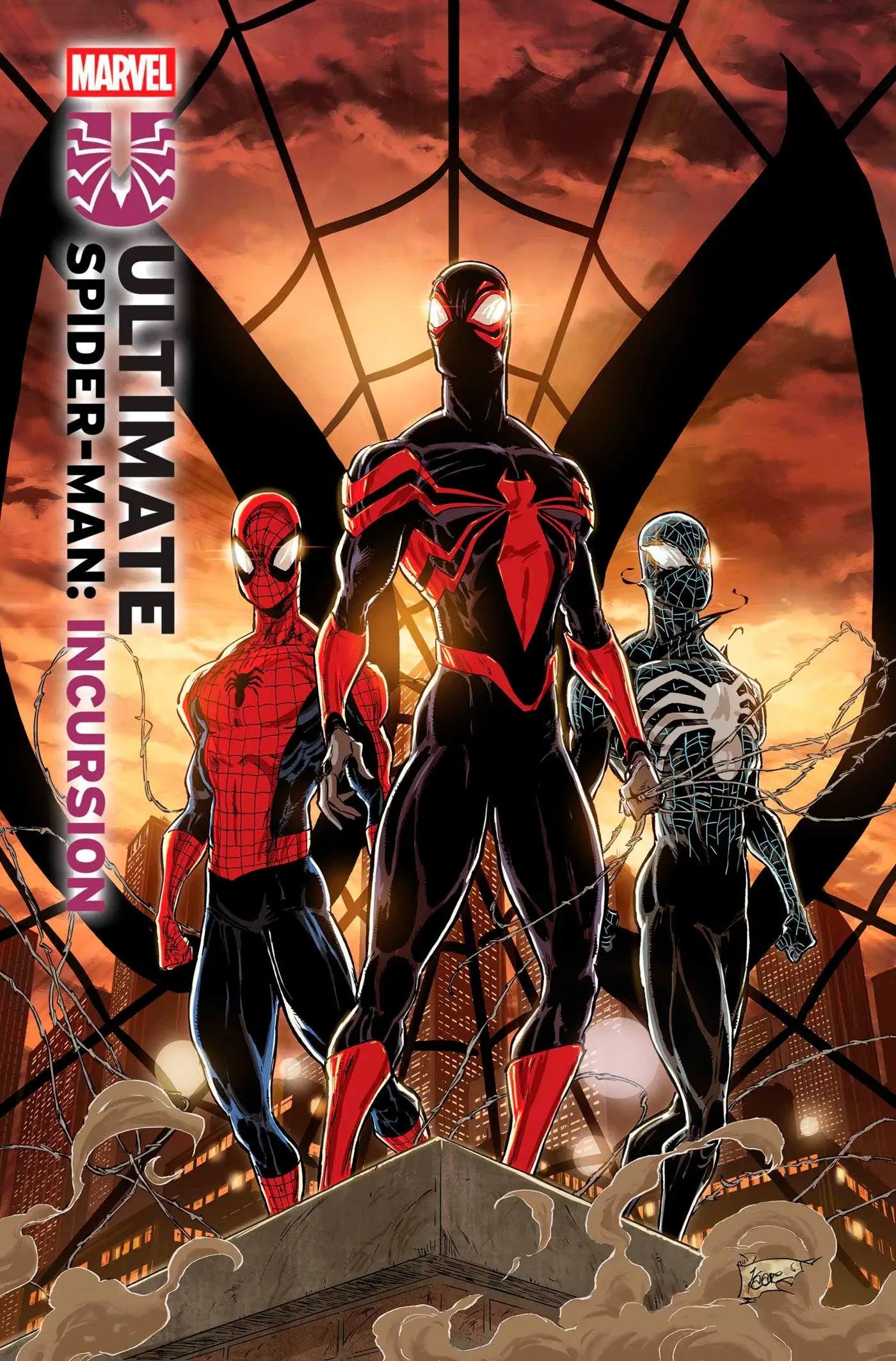 Comic book cover with three Spider-Man variants from Ultimate Universe featuring Miles Morales by Kaare Andrews