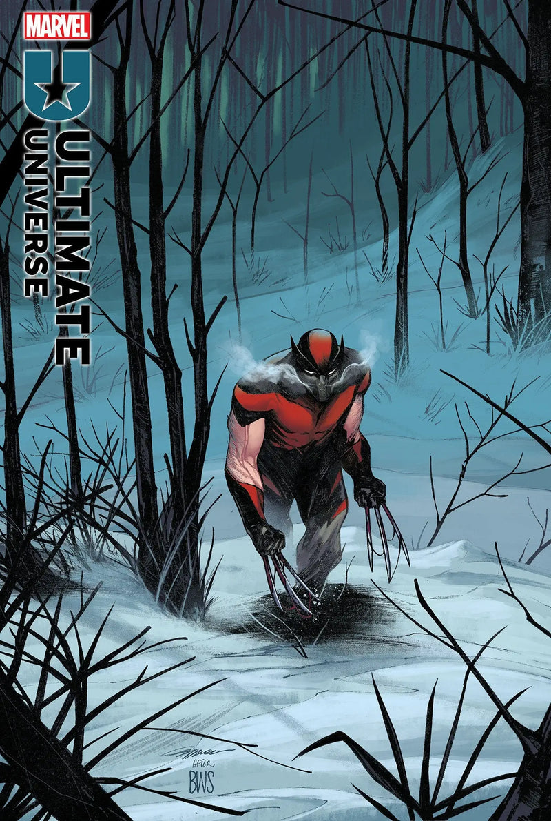 Wolverine in snowy woods from Ultimate Universe featuring major Marvel characters and two major Marvel