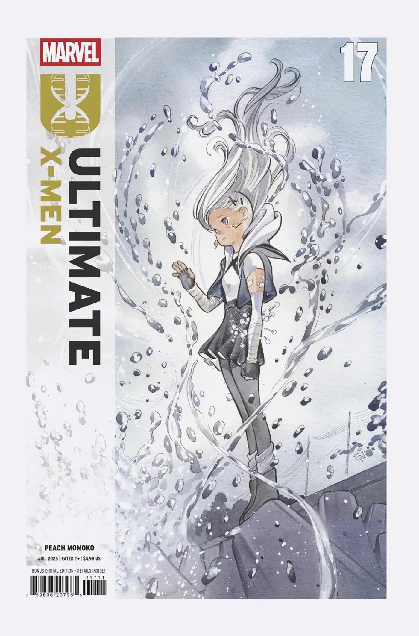 Comic book featuring youthful white-haired character in rescue armor from Ultimate X-Men #17