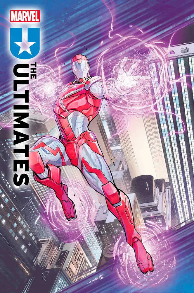 Red and silver armored figure hovering with purple energy in Ultimates #1 Foil Variant trading card