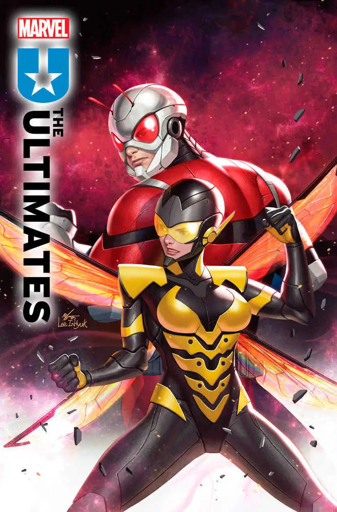 Two Marvel superheroes in red and yellow costumes for Ultimates #1 trading cards