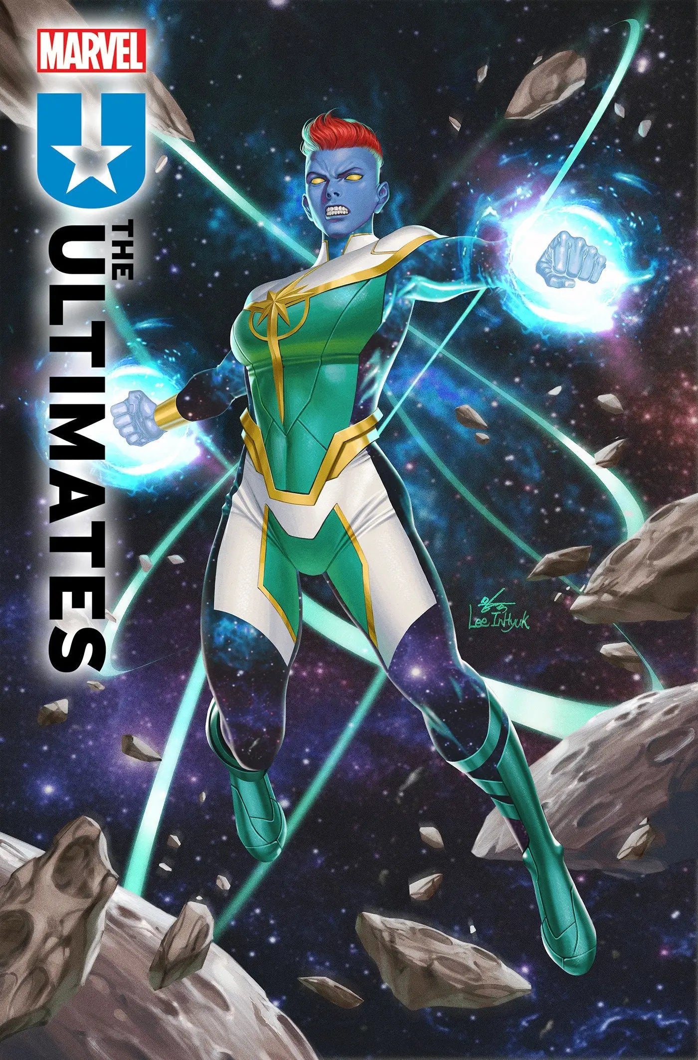 Cosmic superhero in green and gold costume showcasing energy powers in Inhyuk Lee Ultimate Special Variant