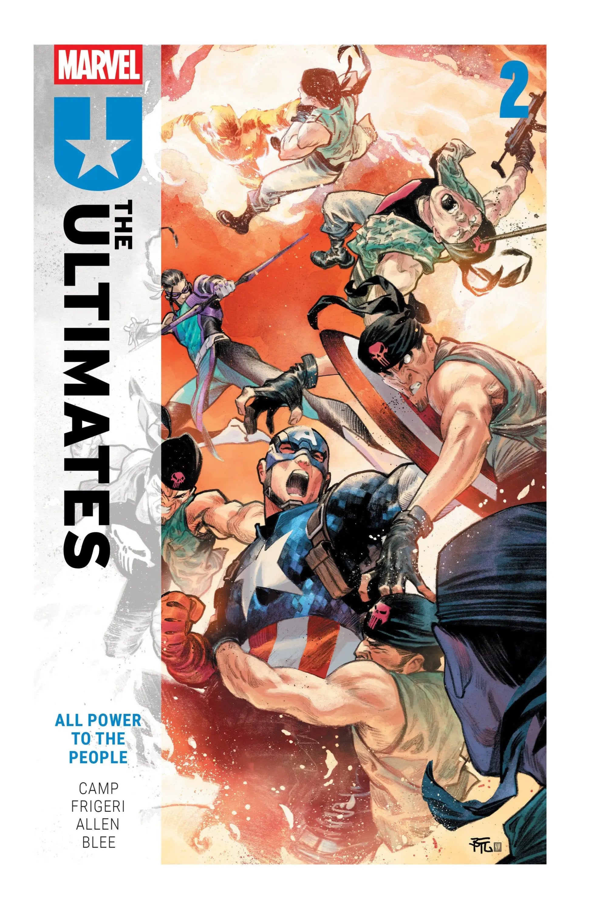 Comic book cover with vibrant characters including Captain America from Deniz Camp Volume in the Ultimate Universe