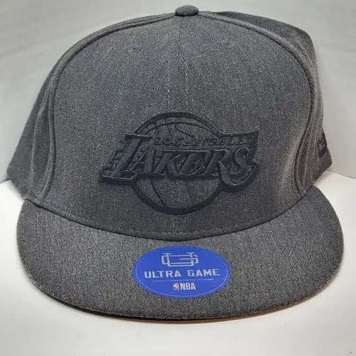 Gray Los Angeles Lakers baseball cap featuring strap back closure and official NBA logo