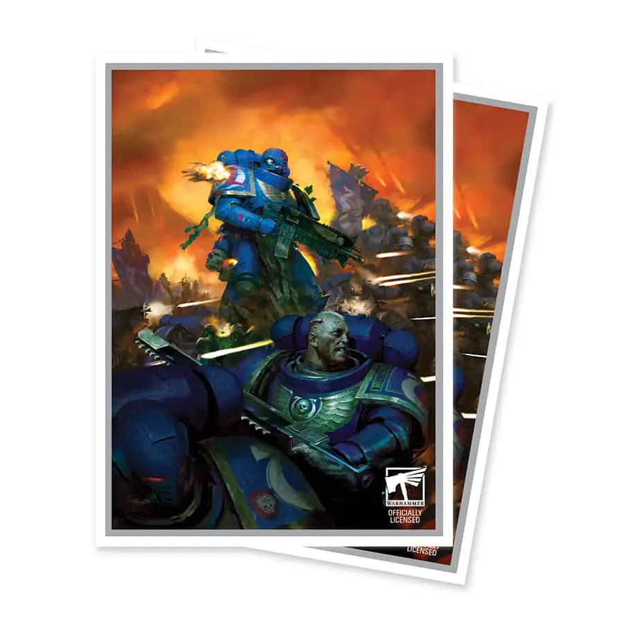 Two collectible card sleeves featuring Warhammer 40k Space Marines artwork for 10th edition space marines