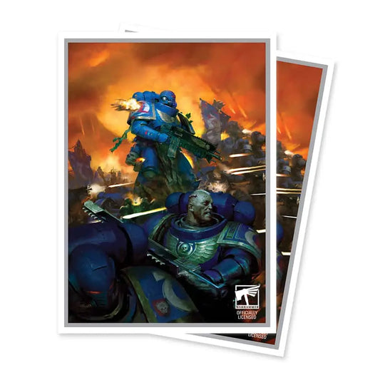 Two collectible card sleeves featuring Warhammer 40k Space Marines artwork for 10th edition space marines
