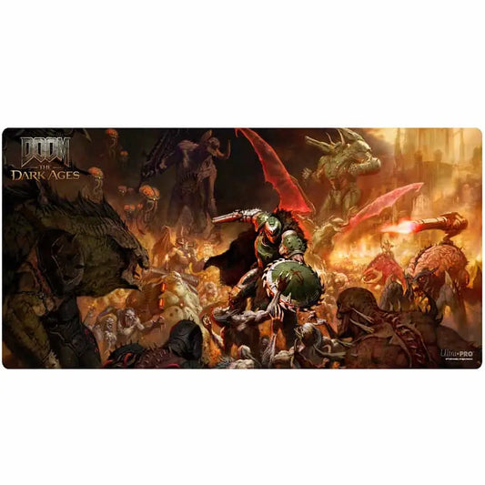 Extended playmat with DOOM The Dark Ages logo, battle scene, non-slip rubber backing