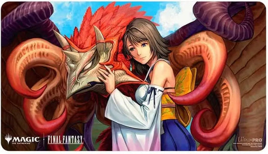 Final Fantasy playmat featuring Yuna embracing a winged creature with non-slip rubber backing