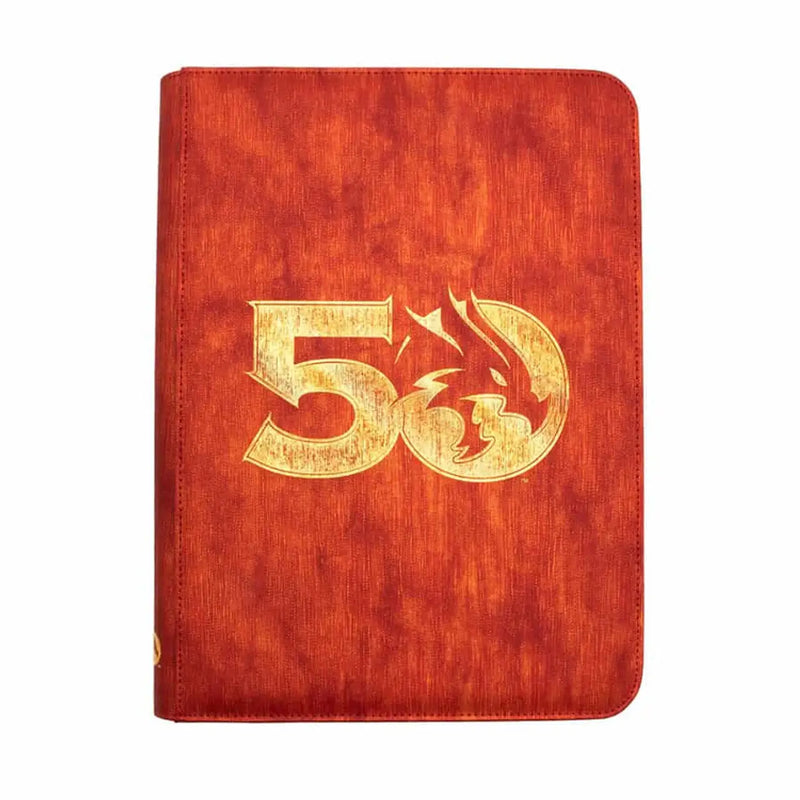 Red leather-bound journal with gold 50 emblem for D&D 50th Anniversary branding