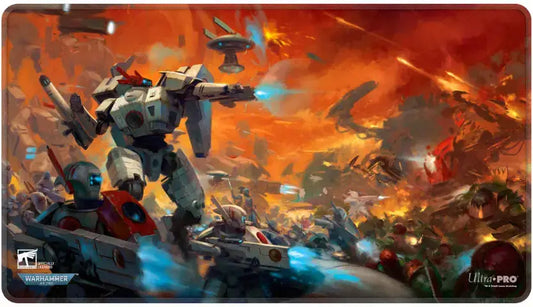 Ultra PRO stitched Warhammer 40k T’au Empire playmat with non-slip rubber backing and epic battle scene