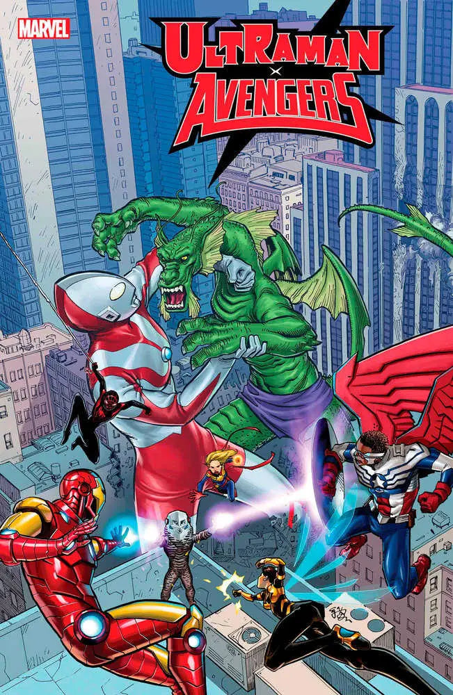 Comic book cover of Ultraman X The Avengers #1 E.J. Su Variant with greatest hero battle scene