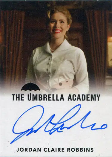 Autographed promotional card of Jordan Claire Robbins as Grace from The Umbrella Academy