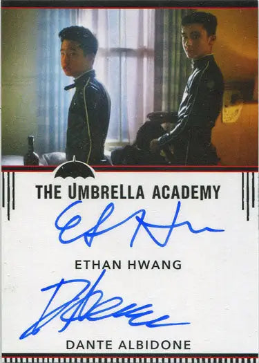 Autographed dual autograph card from The Umbrella Academy featuring Ethan Hwang and Dante Albidone