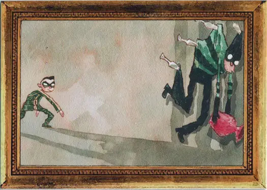 Framed painting of a masked character in a museum chase scene from Umbrella Academy Chase Card
