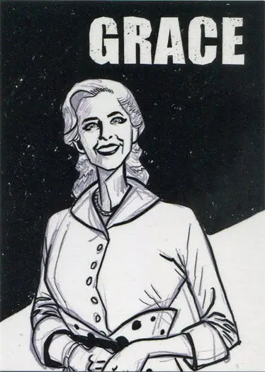 Black and white illustration of a smiling woman with curled hair for Umbrella Academy trading card