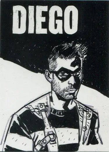 Black and white sketch of Diego from Umbrella Academy on trading card Q2