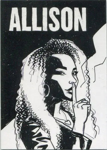 Black and white illustration of a woman with curly hair smoking for Umbrella Academy trading card