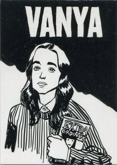 Black and white illustration of young woman holding Vanya book from Umbrella Academy trading cards