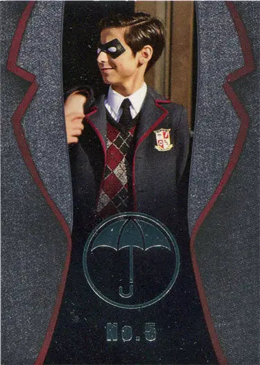 Young person in school uniform with argyle vest and domino mask on Umbrella Academy Chase Card