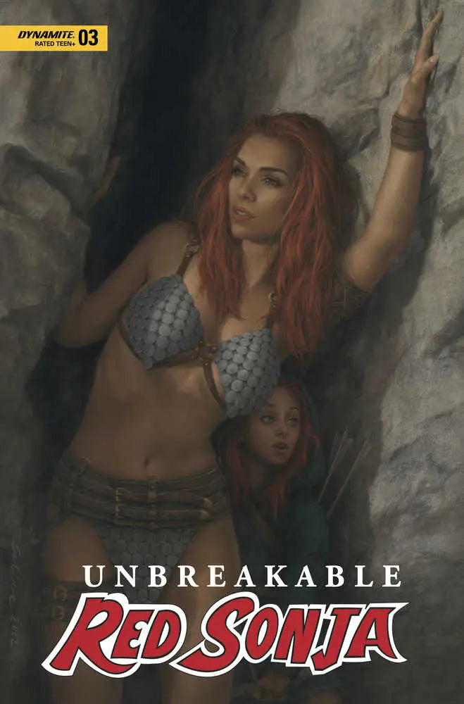 Comic book cover of Red Sonja #3 featuring a warrior woman in a metallic bikini