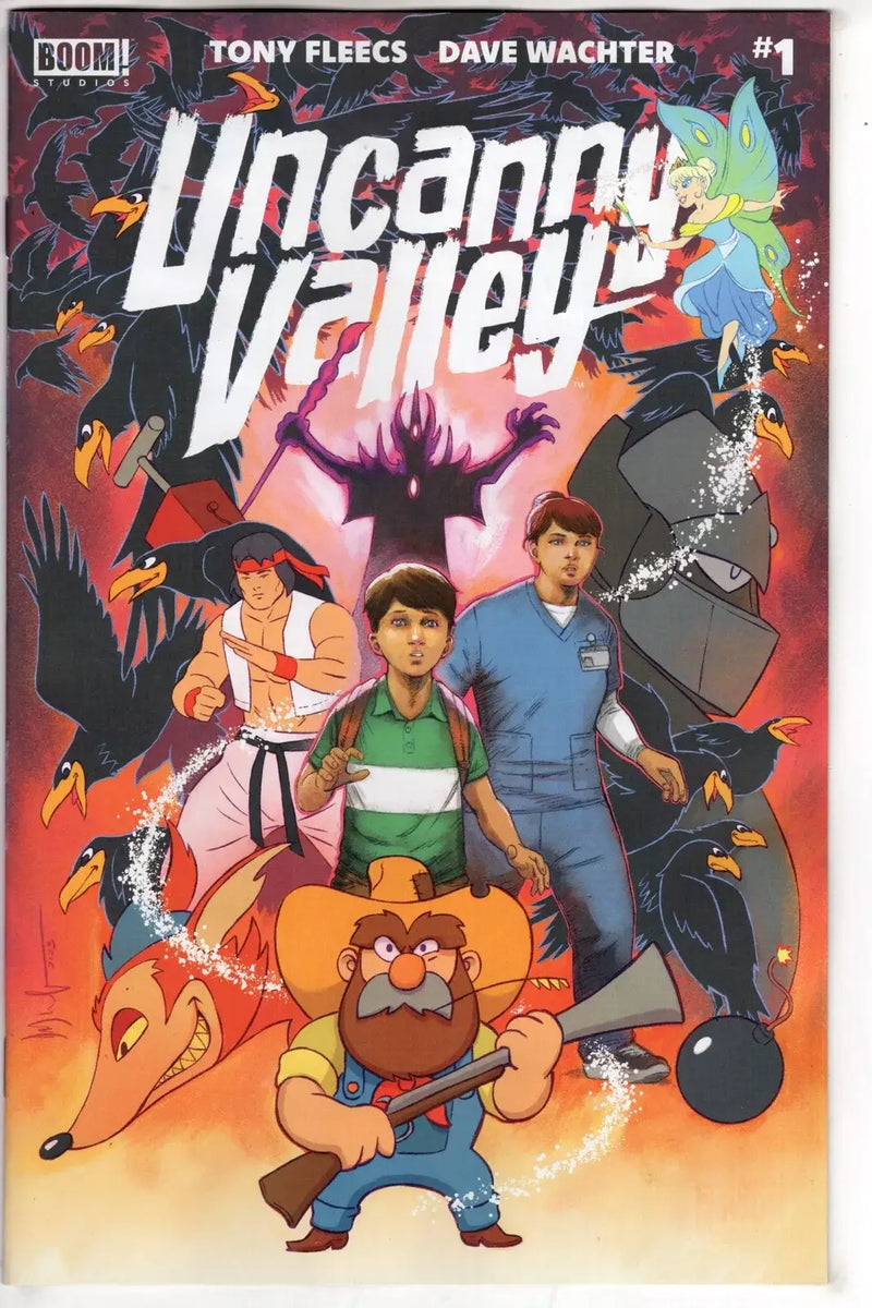 Comic book cover for Uncanny Valley #1 featuring action-adventure cartoon characters