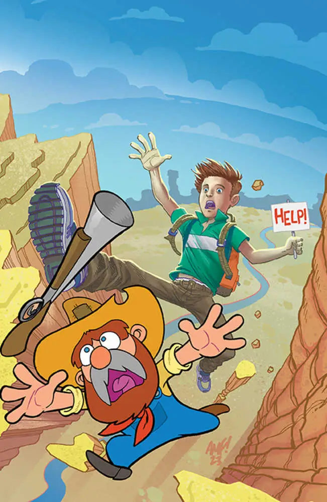 Cartoon illustration of comical characters in perilous mountainside scene for Uncanny Valley comic