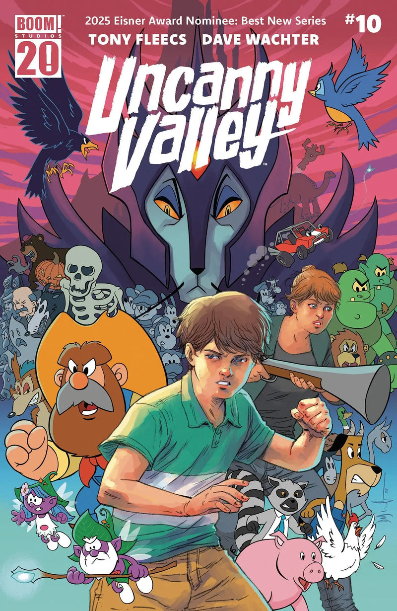 Uncanny Valley main dressed Wachter comic book cover with boy, megaphone, cartoon characters
