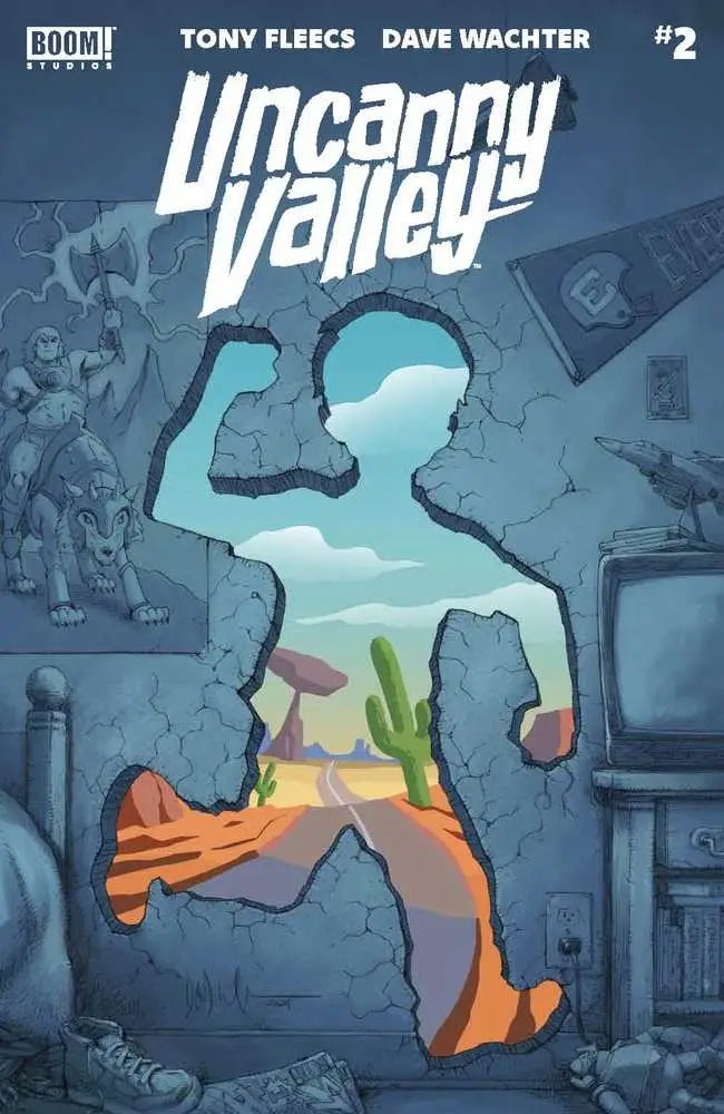 Silhouetted figure in room with desert view, art for Uncanny Valley trading cards