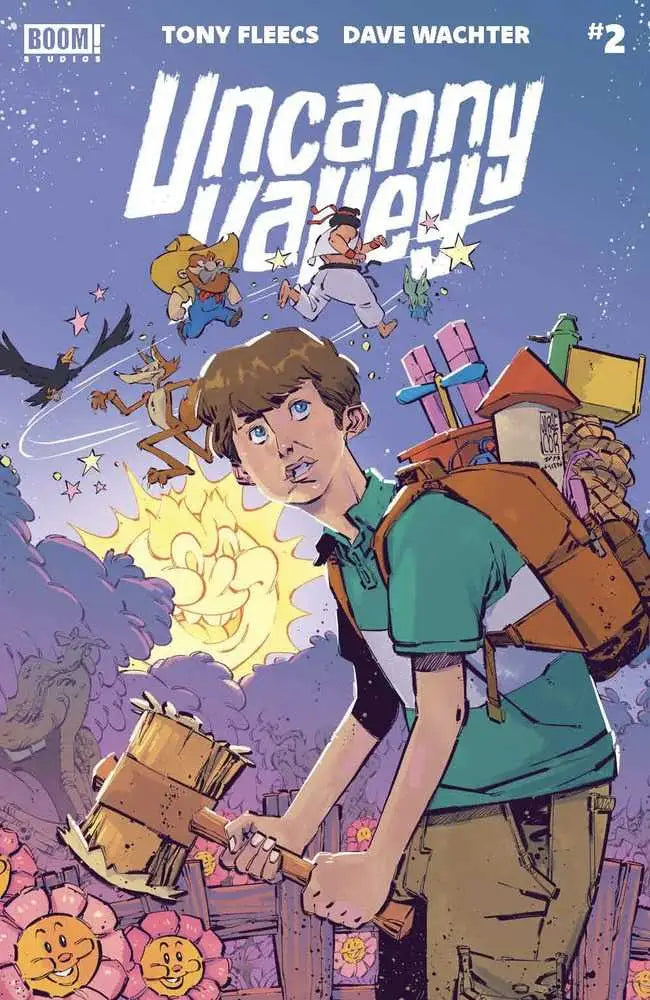 Comic book cover for Uncanny Valley #2 with character in green shirt, backpack, weapon