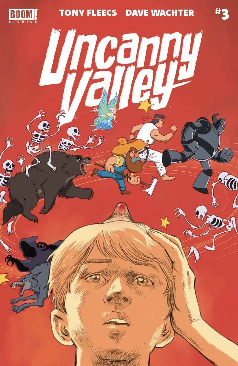 Comic book cover for Uncanny Valley #3 with action scenes above character, perfect for trading cards