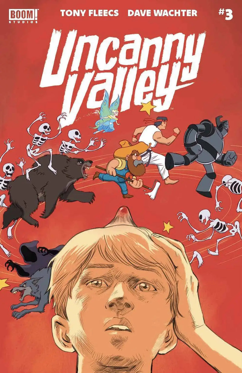 Comic book cover for Uncanny Valley #3 with action scenes above character, perfect for trading cards