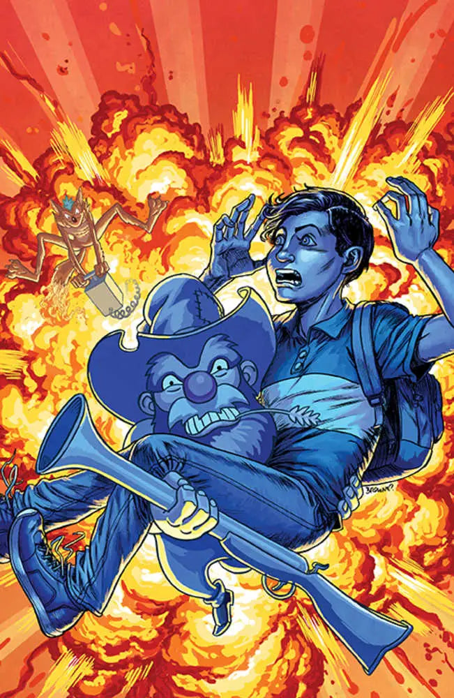 Blue-skinned characters leap from a fiery explosion on Uncanny Valley #3 trading card