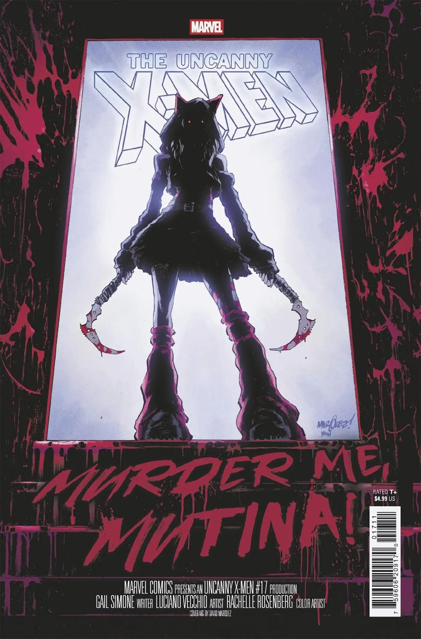 Uncanny X-Men comic cover featuring a dark figure with cat ears and bloody sickles