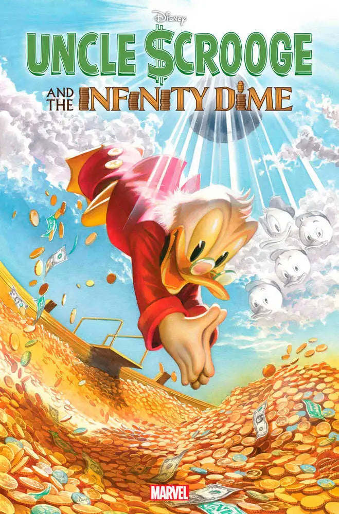 Cartoon duck in red coat diving into gold coins for trading cards collectible cover