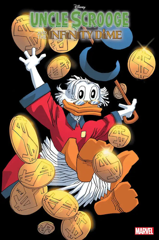 Cartoon duck in red coat juggling gold coins on Uncle Scrooge trading cards variant