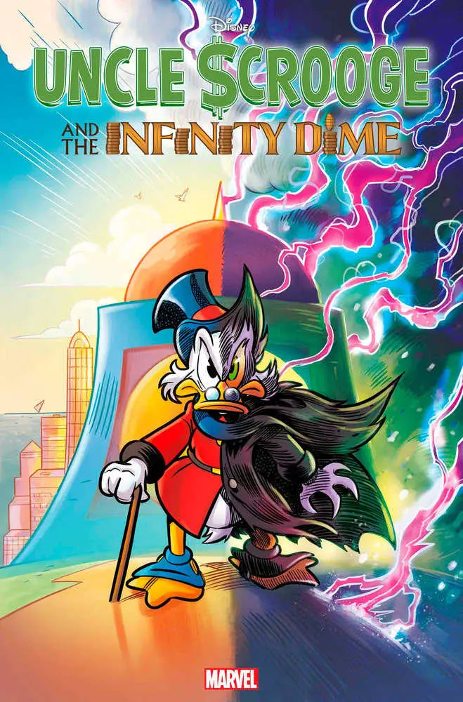 Comic book cover of Uncle Scrooge in a dark cape amidst cosmic energy for trading cards