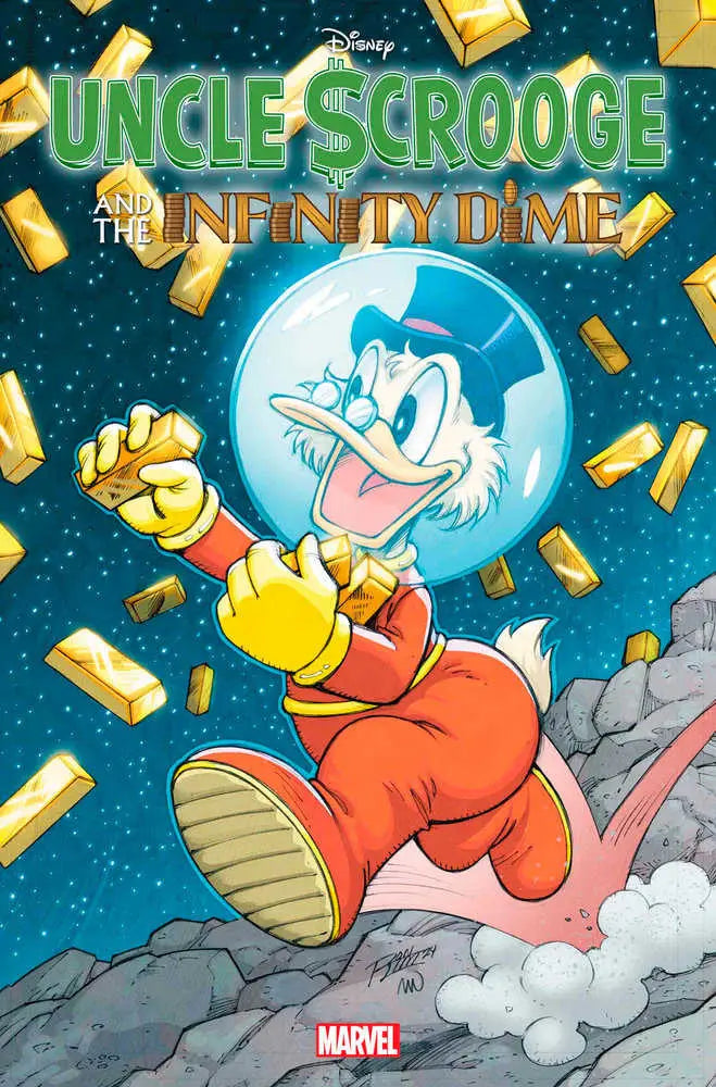 Comic book cover with a duck in red outfit jumping with gold bars for trading cards fans
