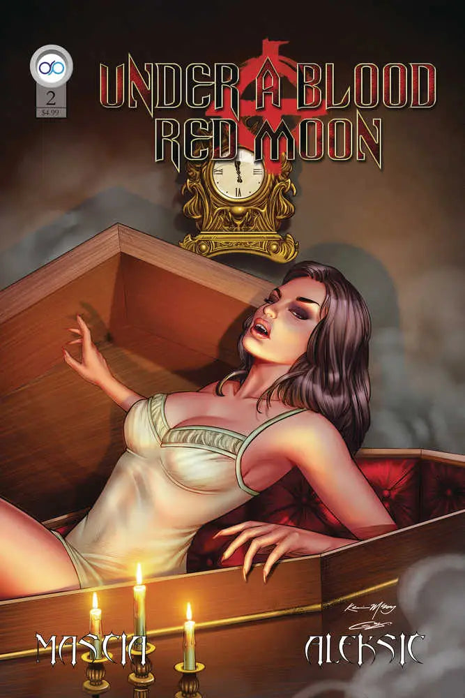 Comic book cover of Under A Blood Red Moon #2 showcasing gothic horror with a woman in a coffin