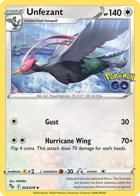 Unfezant - Pokemon GO - 063/078 - Reverse Holo LP Pokemon - Pokémon Card Single