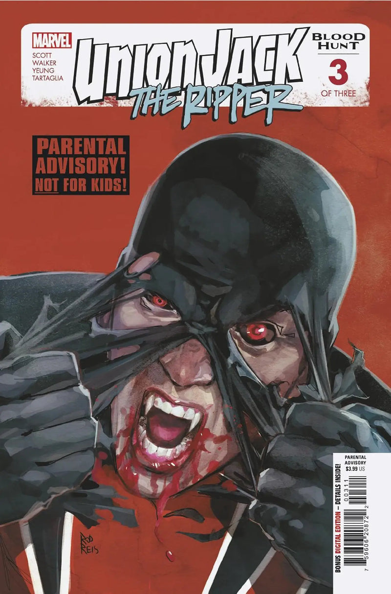 Comic book cover of Union Jack The Ripper with blood-stained teeth and glowing eyes