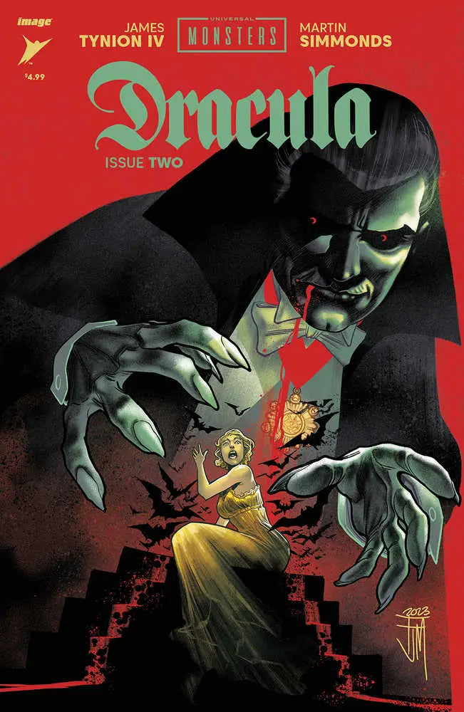 Comic book cover for Universal Monsters Dracula #2 featuring a vampire in golden light