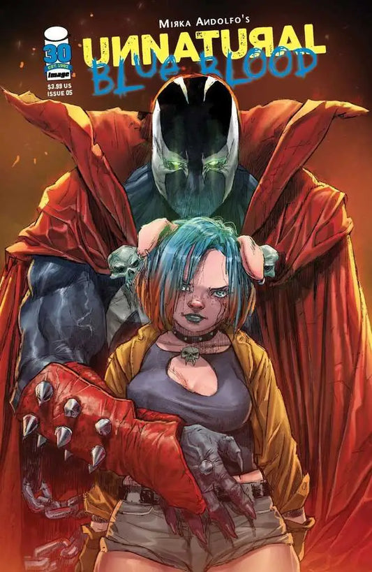 Comic book cover of Unnatural Blue Blood #5 Cover C Spawn Variant featuring Spawn artwork
