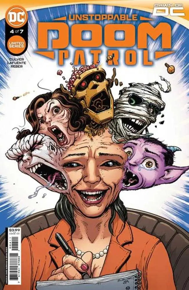 Comic book cover of Unstoppable Doom Patrol #4 with distorted faces and a figure in orange blazer