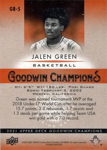Basketball trading card of Jalen Green in white jersey, featuring orange parallel design