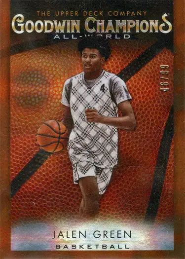 Basketball trading card of Jalen Green in white uniform, showcasing orange parallel card