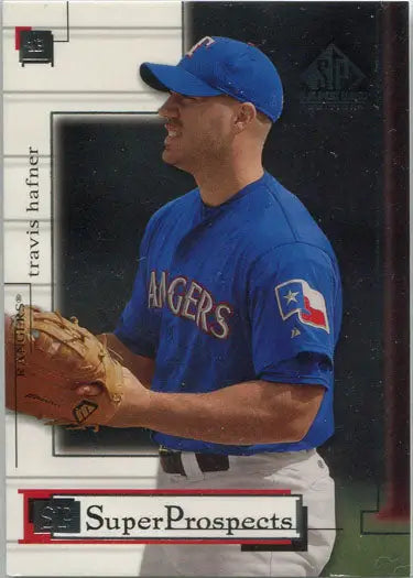 Baseball player in blue Rangers uniform with glove on Upper Deck SP Game Used rookie card