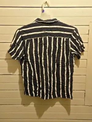 Urban Outfitters Shirt Mens L Navy White Vertical Stripe Short Sleeve Rayon - Apparel