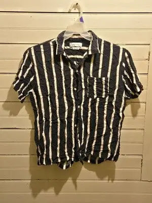 Urban Outfitters Shirt Mens L Navy White Vertical Stripe Short Sleeve Rayon - Apparel